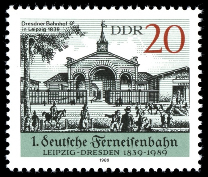 (1989-022) Марка Германия (ГДР) &quot;Вокзал, Лейпциг&quot;    ЖД Лейпциг-Дрезден II Θ